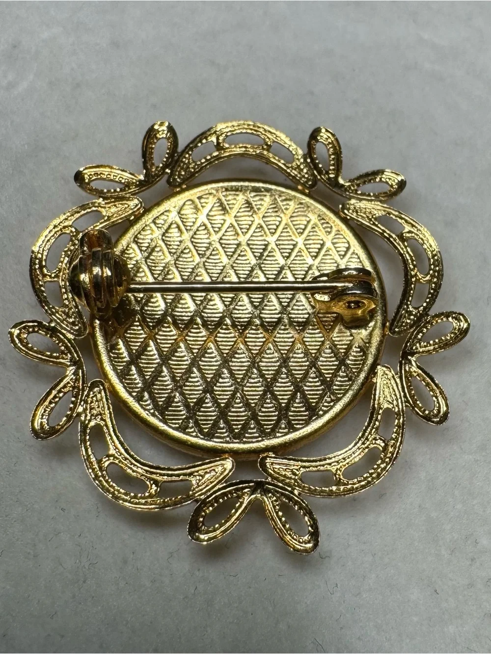 Vintage Damascene Gold and Black Fleur-de-Lis Brooch